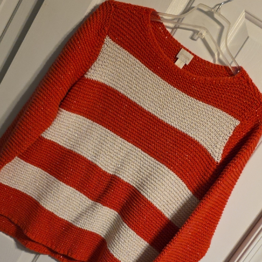 Chico's Red and White Striped Crew Neck Sweater